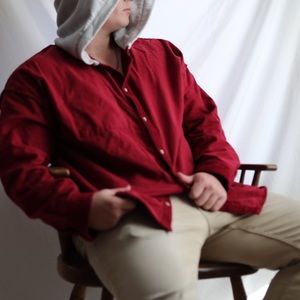 Red velvet corduroy with a white hoodie. XXL. Button up.